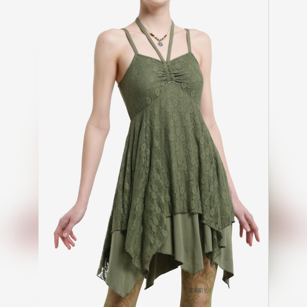 Thorn & Fable Green Lace Hanky Hem Halter Dress SMALL